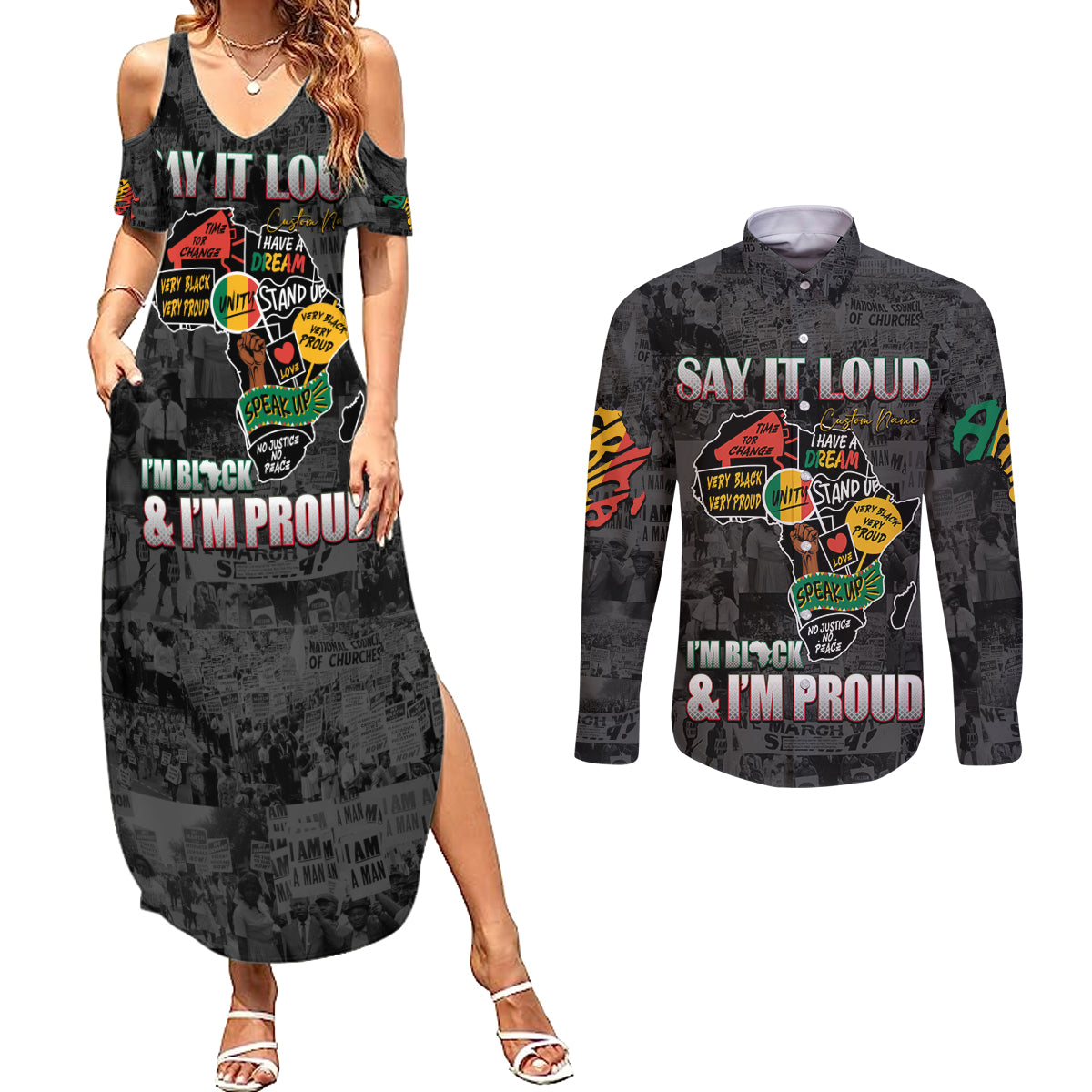 Personalized I'm Black and I'm Proud African Couples Matching Summer Maxi Dress and Long Sleeve Button Shirt - Wonder Print Shop