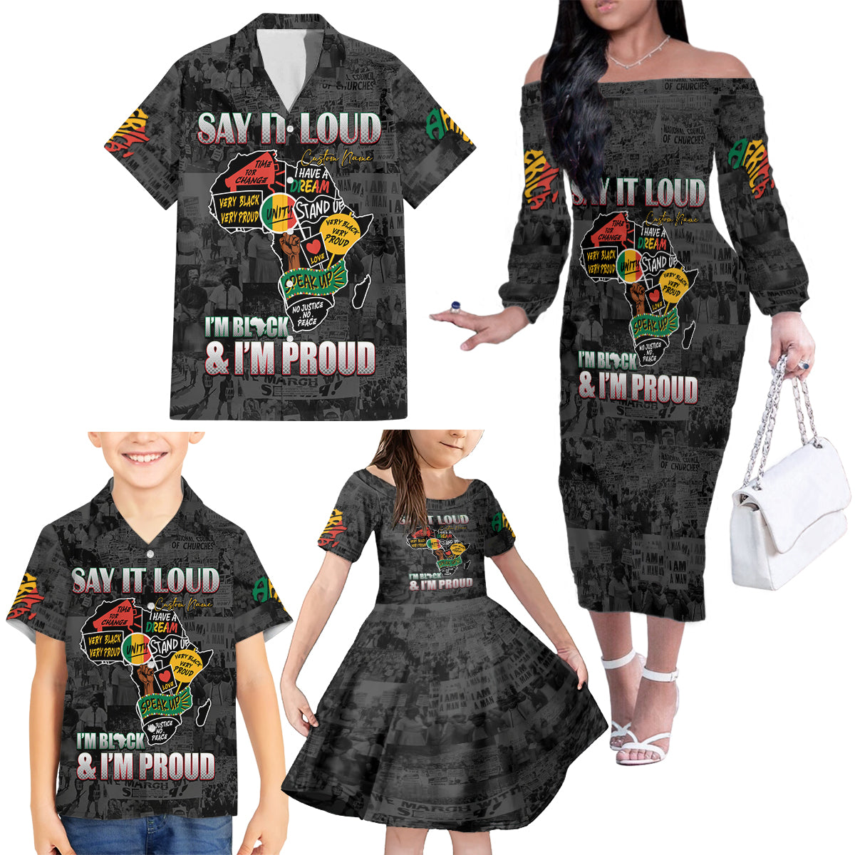 Personalized I'm Black and I'm Proud African Family Matching Off Shoulder Long Sleeve Dress and Hawaiian Shirt - Wonder Print Shop