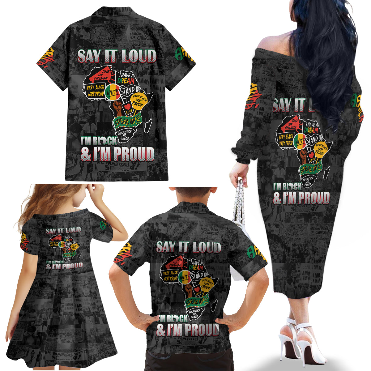 Personalized I'm Black and I'm Proud African Family Matching Off Shoulder Long Sleeve Dress and Hawaiian Shirt - Wonder Print Shop