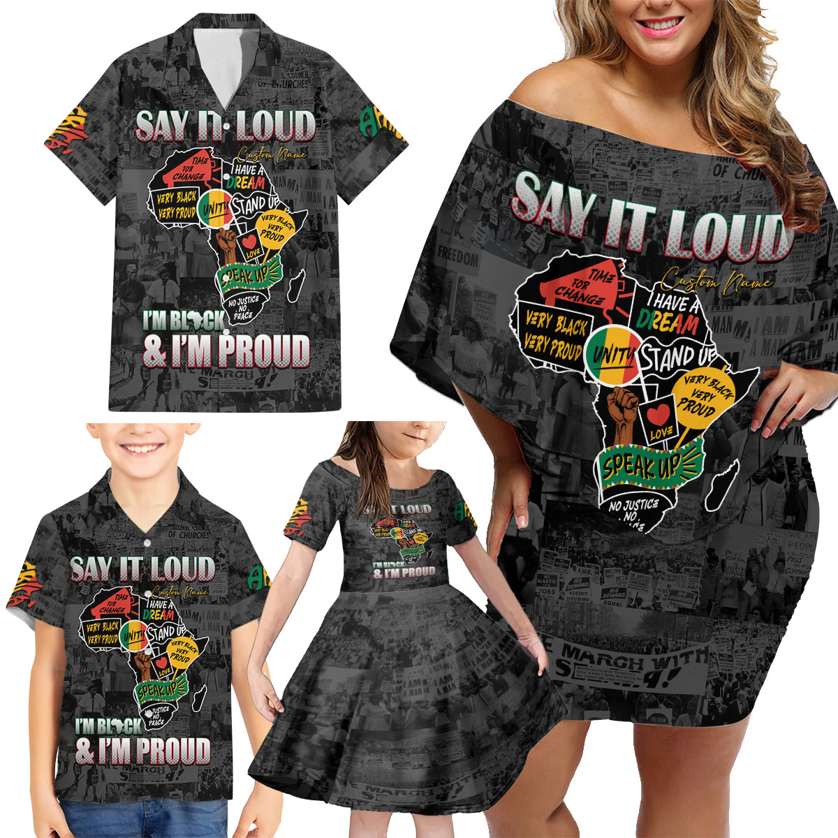 Personalized I'm Black and I'm Proud African Family Matching Off Shoulder Short Dress and Hawaiian Shirt - Wonder Print Shop