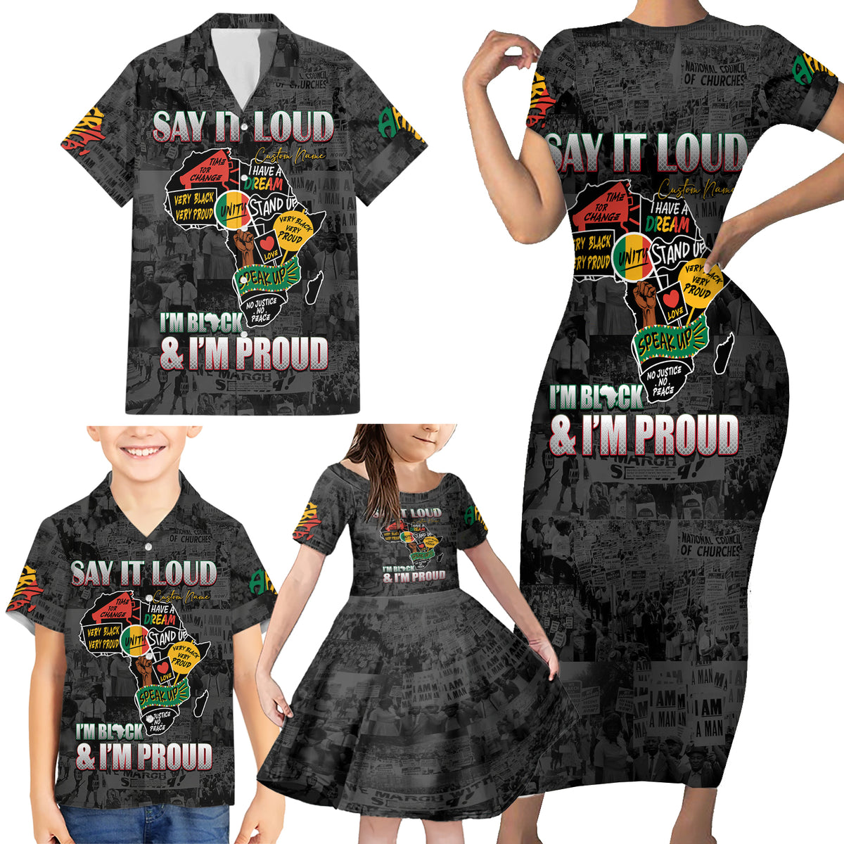Personalized I'm Black and I'm Proud African Family Matching Short Sleeve Bodycon Dress and Hawaiian Shirt - Wonder Print Shop