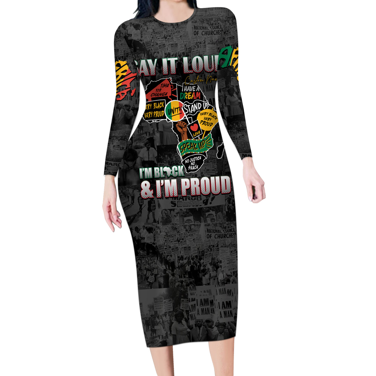 Personalized I'm Black and I'm Proud African Long Sleeve Bodycon Dress - Wonder Print Shop
