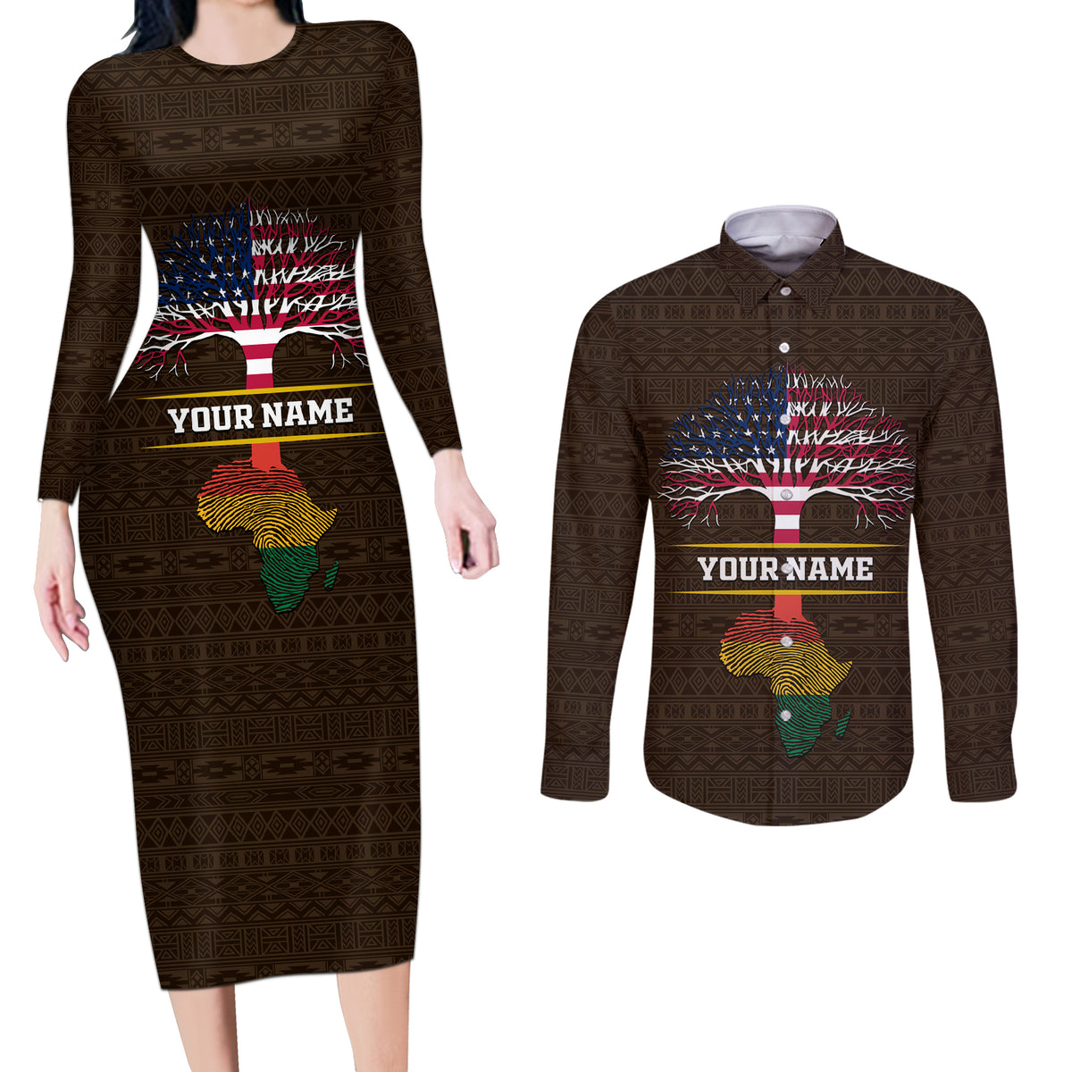 Personalized African Root Couples Matching Long Sleeve Bodycon Dress and Long Sleeve Button Shirt - Wonder Print Shop