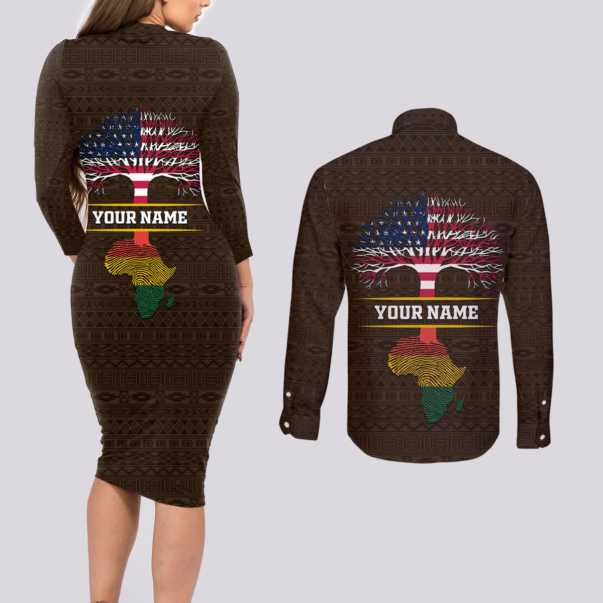 Personalized African Root Couples Matching Long Sleeve Bodycon Dress and Long Sleeve Button Shirt - Wonder Print Shop