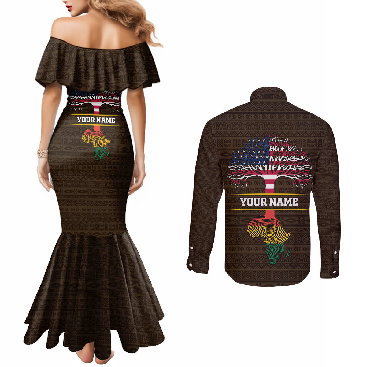 Personalized African Root Couples Matching Mermaid Dress and Long Sleeve Button Shirt
