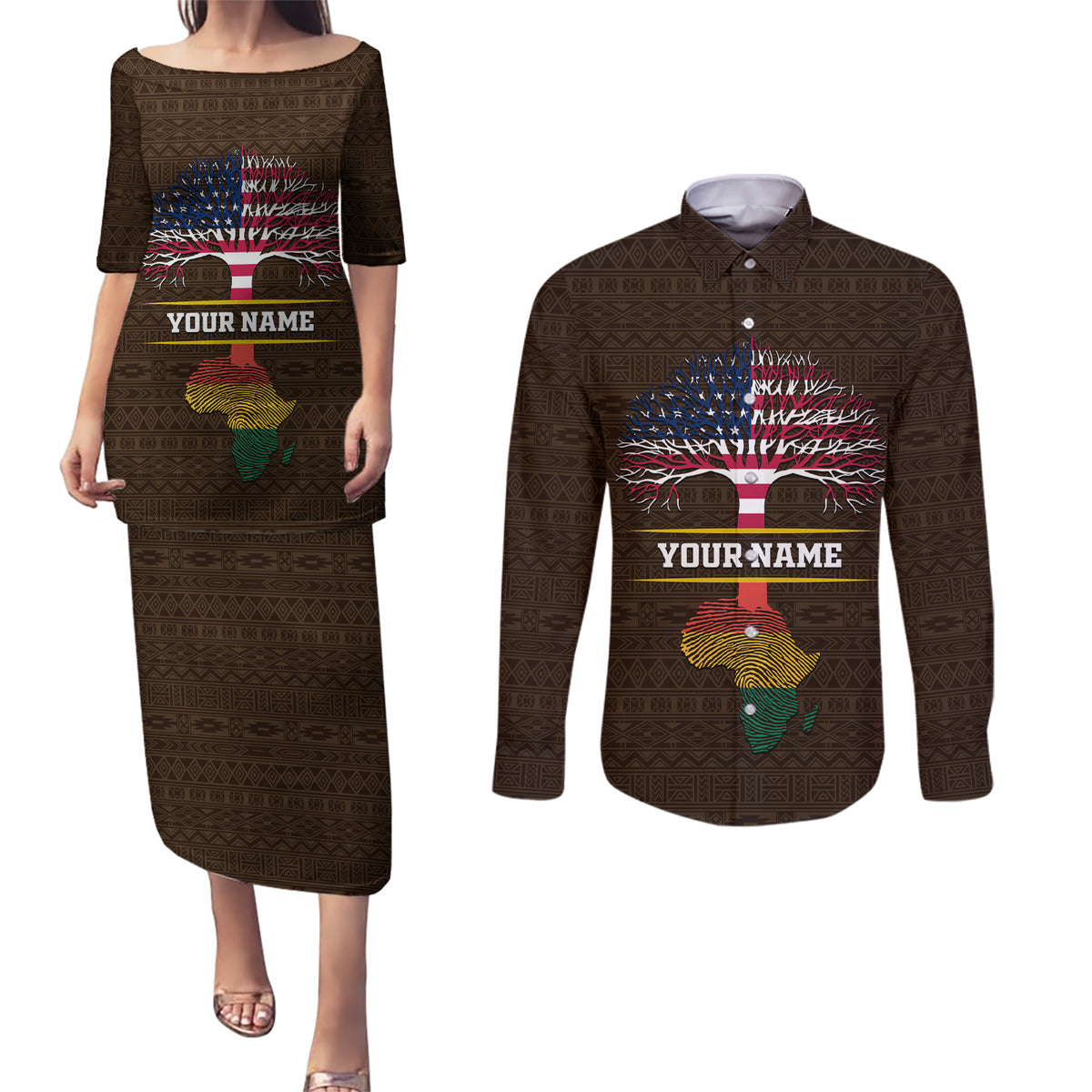 Personalized African Root Couples Matching Puletasi and Long Sleeve Button Shirt - Wonder Print Shop