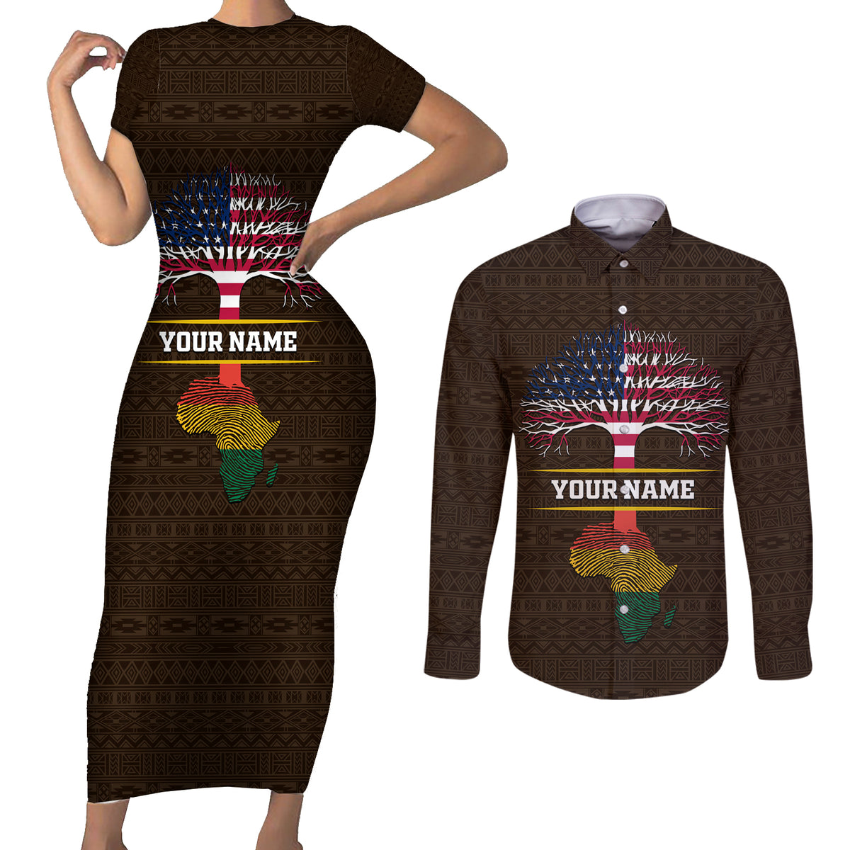 Personalized African Root Couples Matching Short Sleeve Bodycon Dress and Long Sleeve Button Shirt - Wonder Print Shop