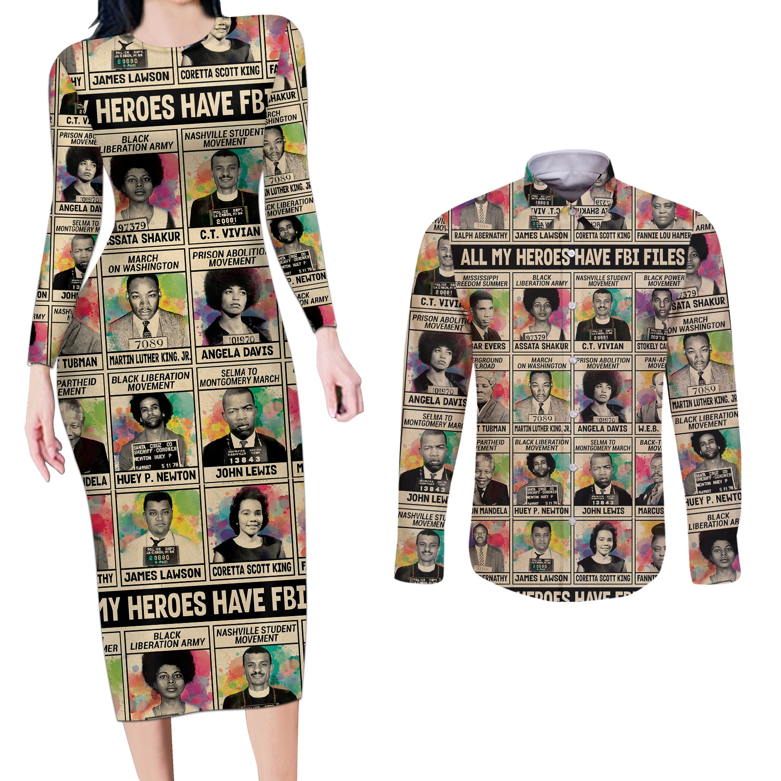 Multi Color Adinkra Symbols Couples Matching Long Sleeve Bodycon Dress and Long Sleeve Button Shirts African Adrinkra - Wonder Print Shop