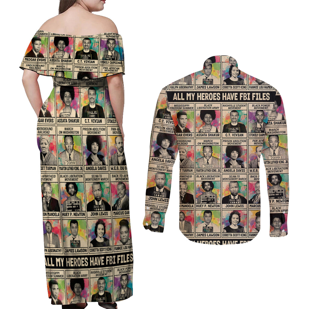 Multi Color Adinkra Symbols Couples Matching Off Shoulder Maxi Dress and Long Sleeve Button Shirts African Adrinkra - Wonder Print Shop