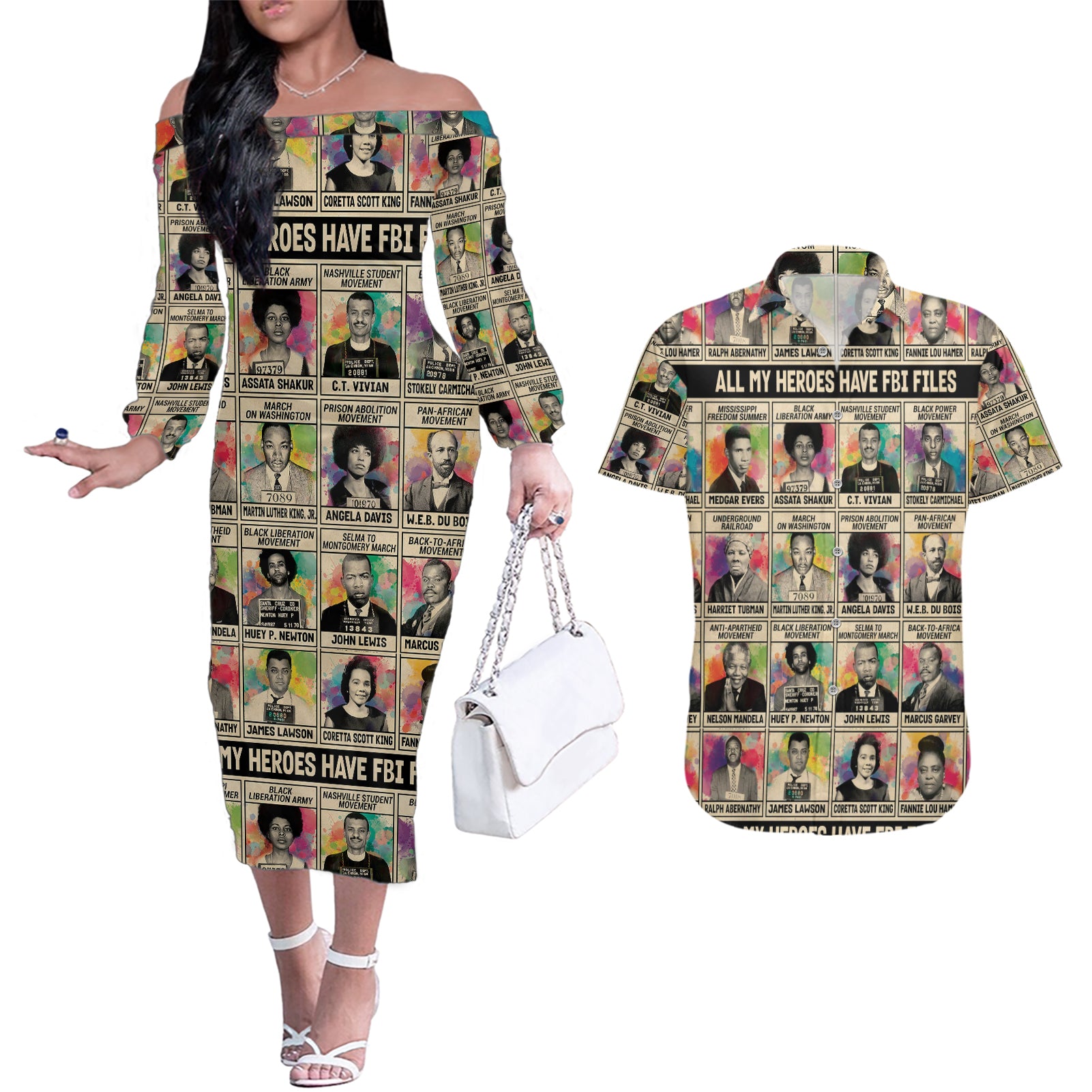 Multi Color Adinkra Symbols Couples Matching Off The Shoulder Long Sleeve Dress and Hawaiian Shirt African Adrinkra - Wonder Print Shop