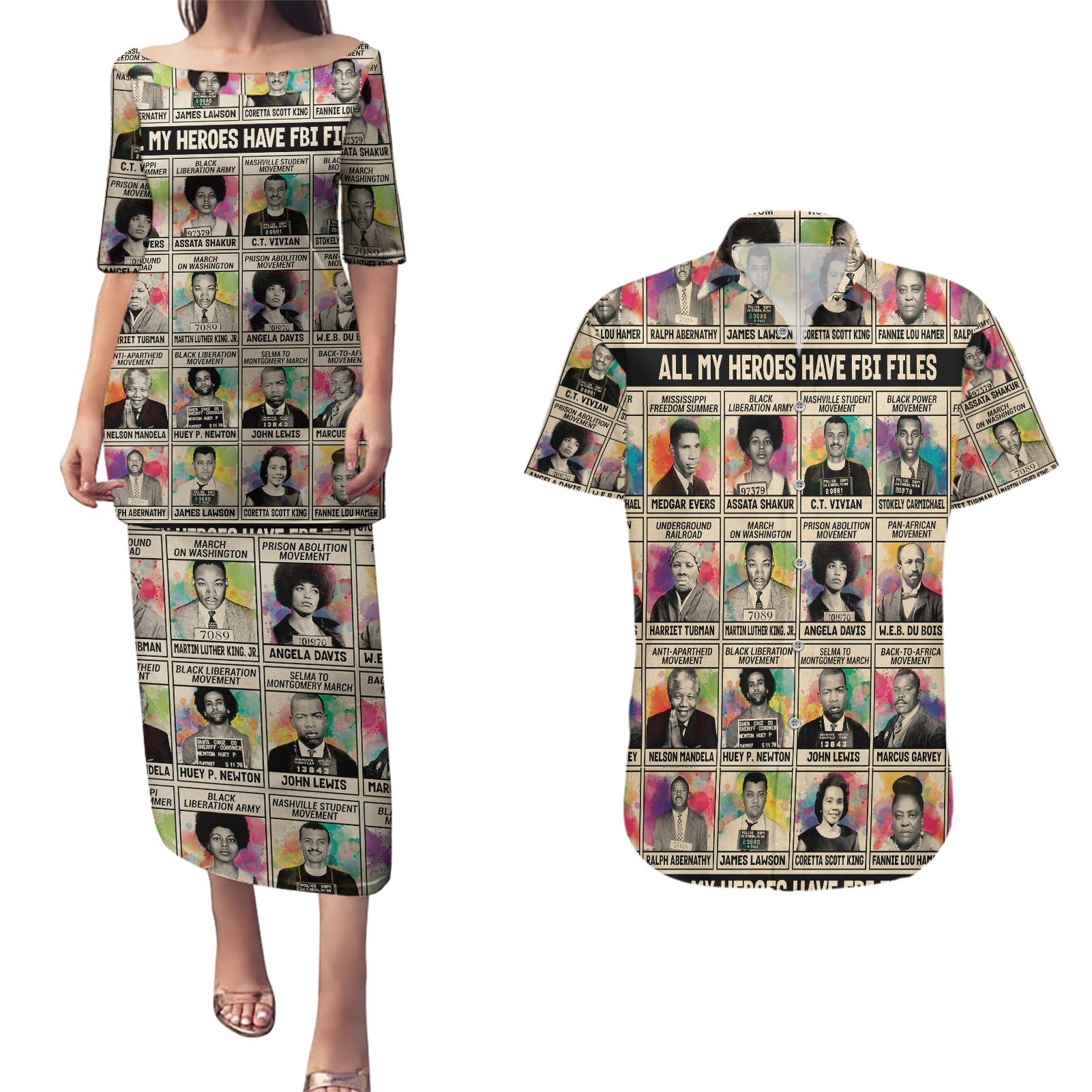 Multi Color Adinkra Symbols Couples Matching Puletasi Dress and Hawaiian Shirt African Adrinkra - Wonder Print Shop