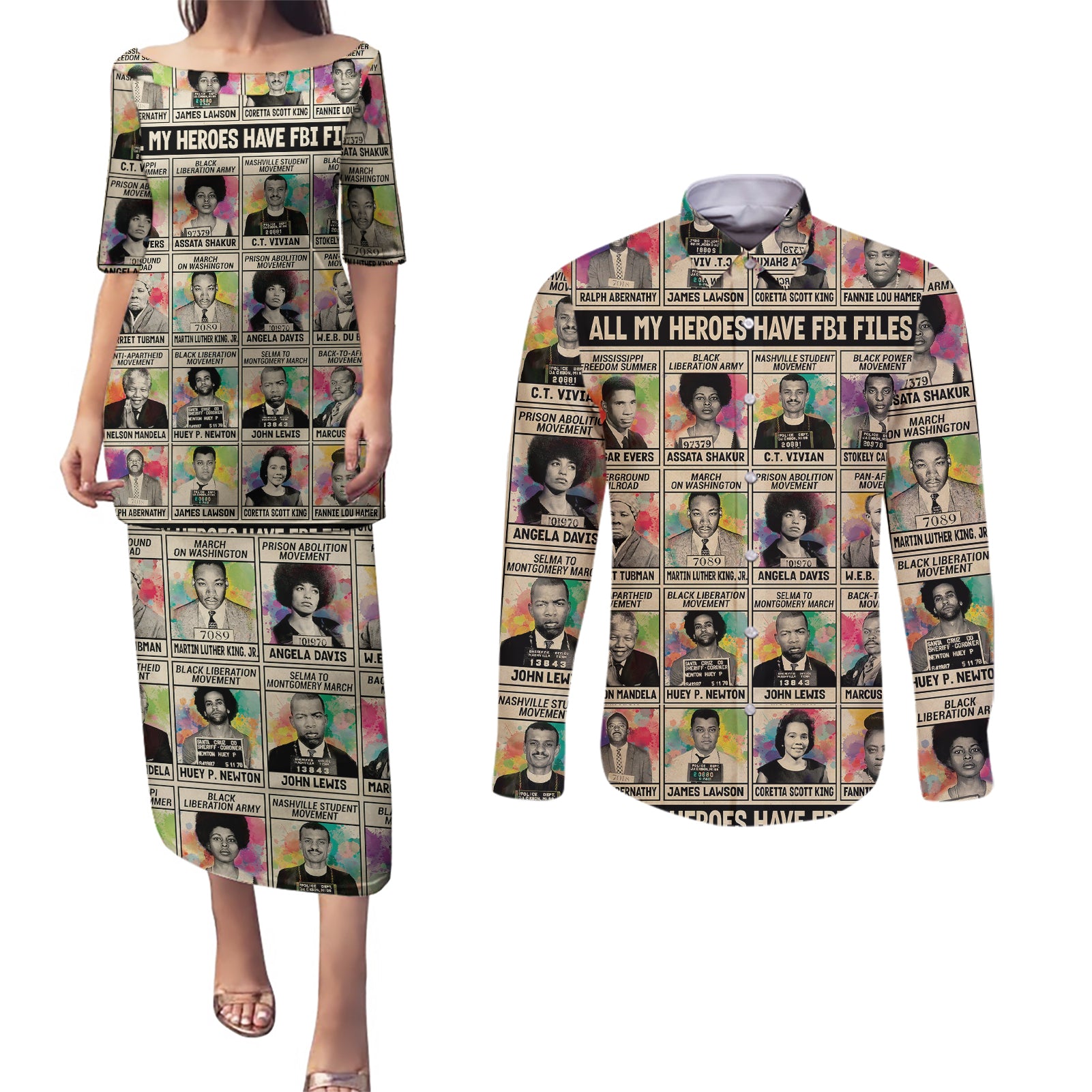 Multi Color Adinkra Symbols Couples Matching Puletasi Dress and Long Sleeve Button Shirts African Adrinkra - Wonder Print Shop