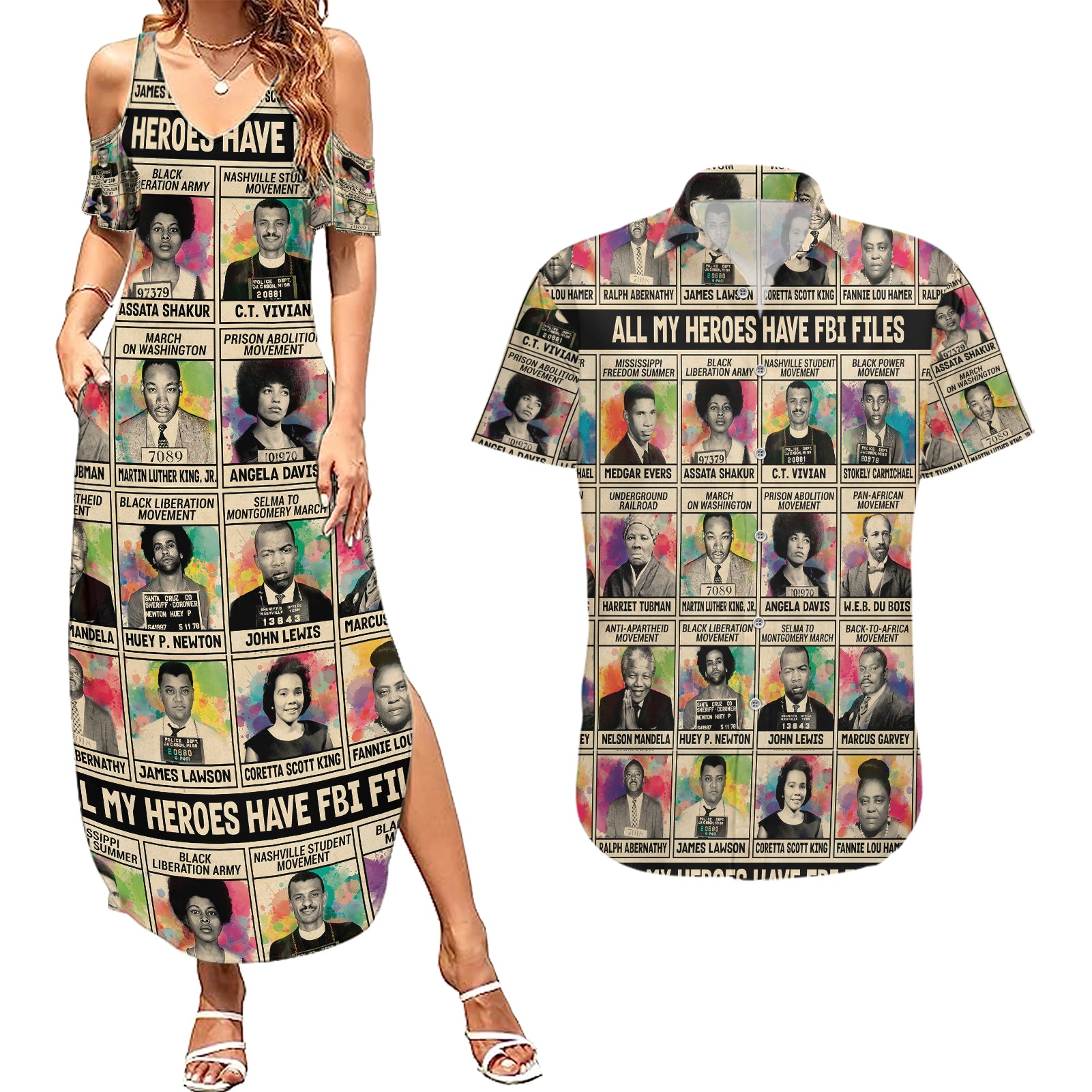 Multi Color Adinkra Symbols Couples Matching Summer Maxi Dress and Hawaiian Shirt African Adrinkra - Wonder Print Shop