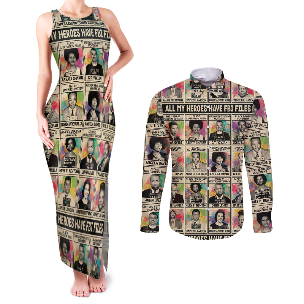 Multi Color Adinkra Symbols Couples Matching Tank Maxi Dress and Long Sleeve Button Shirts African Adrinkra - Wonder Print Shop