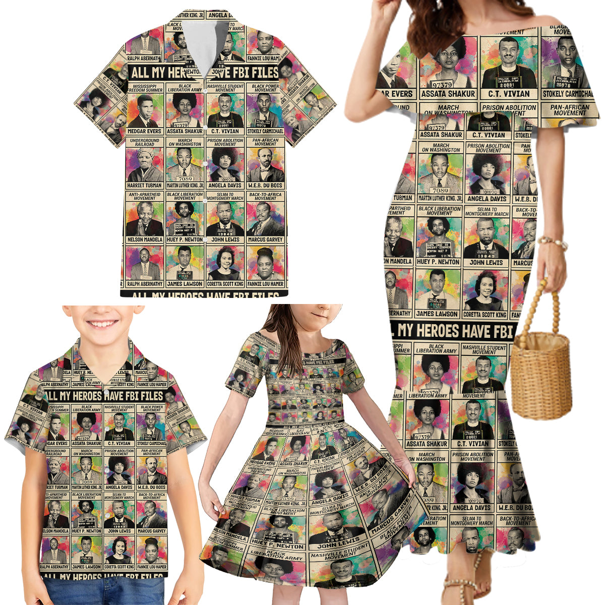 Multi Color Adinkra Symbols Family Matching Mermaid Dress and Hawaiian Shirt African Adrinkra - Wonder Print Shop