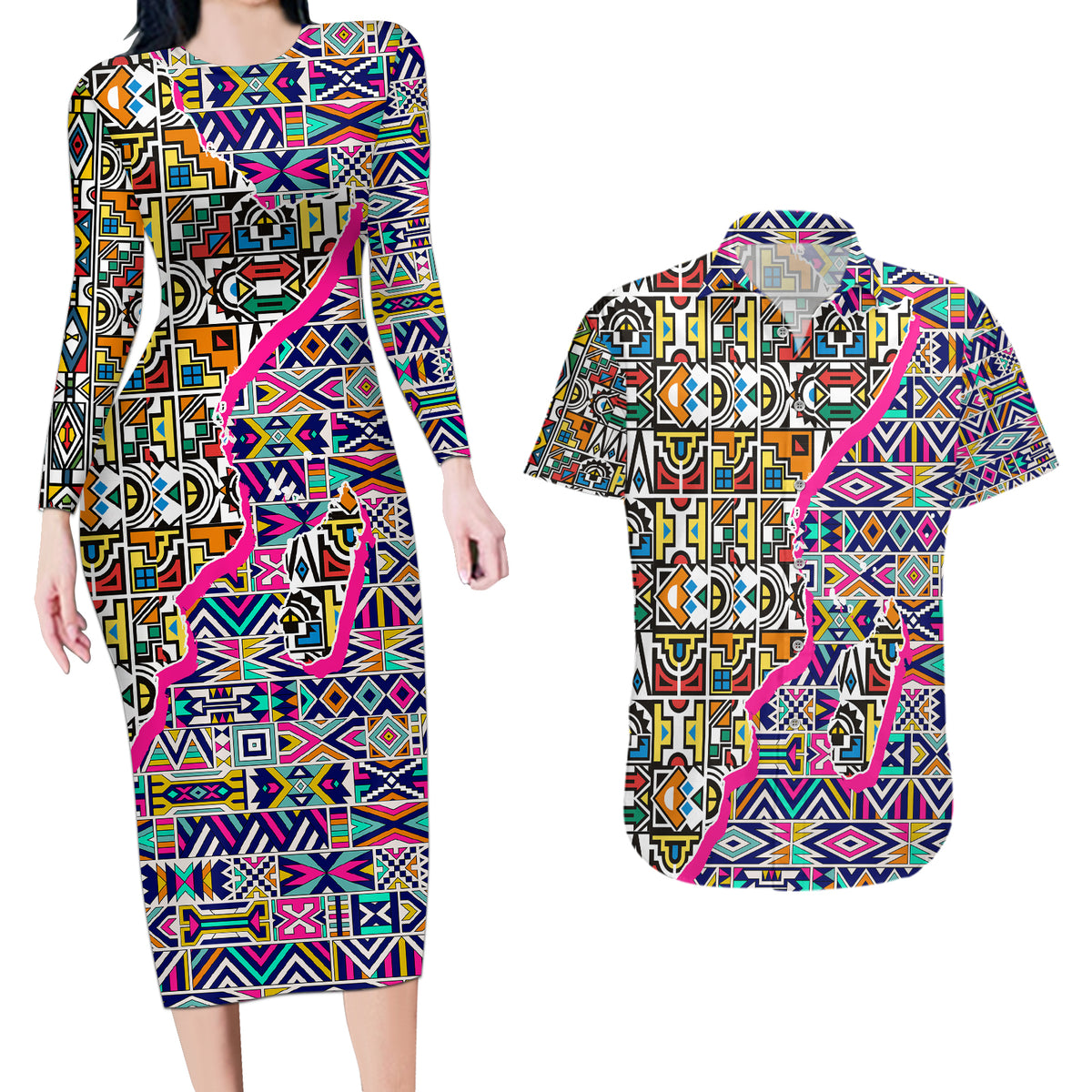 African Ndebele Pattern Couples Matching Long Sleeve Bodycon Dress and Hawaiian Shirt - Wonder Print Shop
