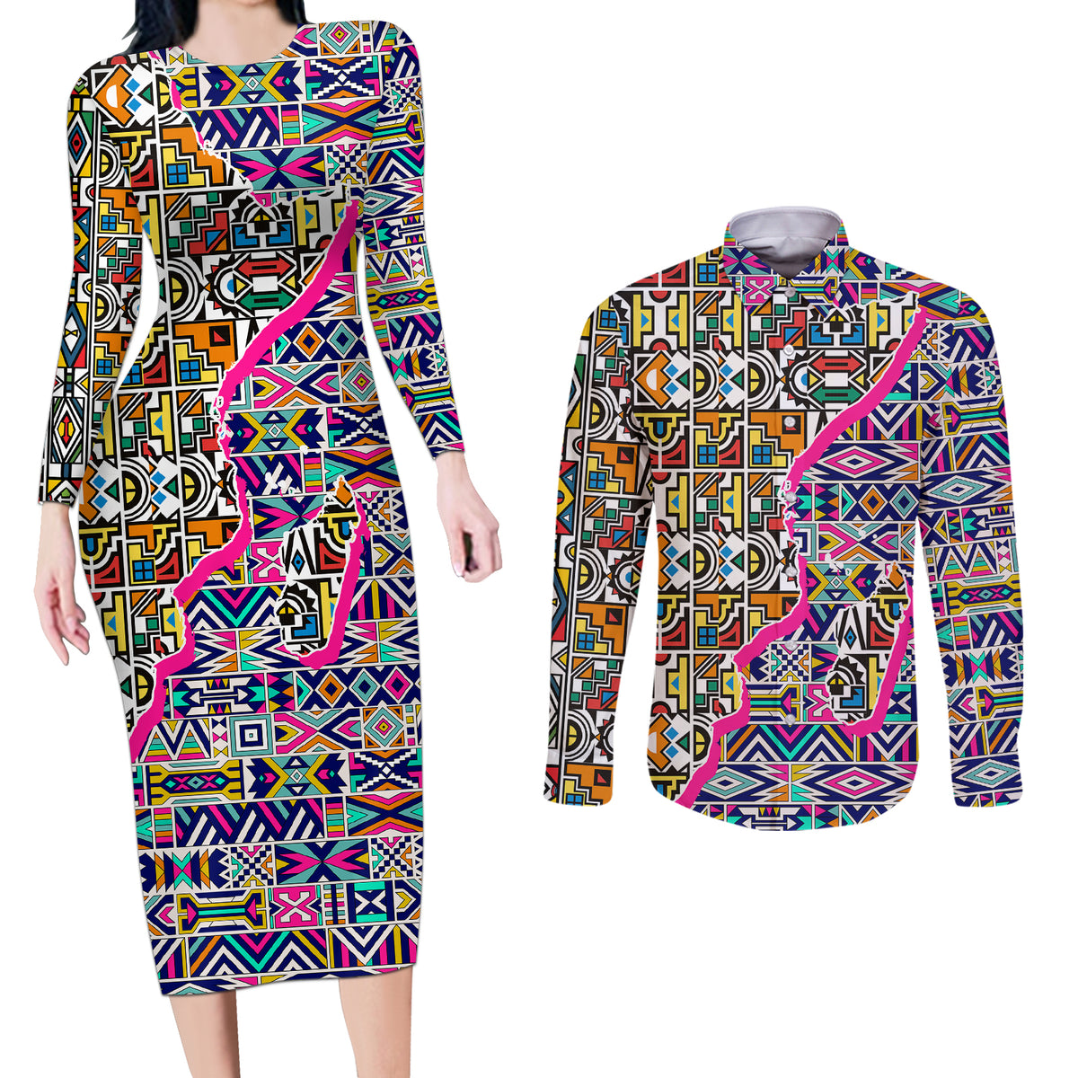 African Ndebele Pattern Couples Matching Long Sleeve Bodycon Dress and Long Sleeve Button Shirts - Wonder Print Shop