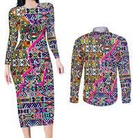 African Ndebele Pattern Couples Matching Long Sleeve Bodycon Dress and Long Sleeve Button Shirts - Wonder Print Shop