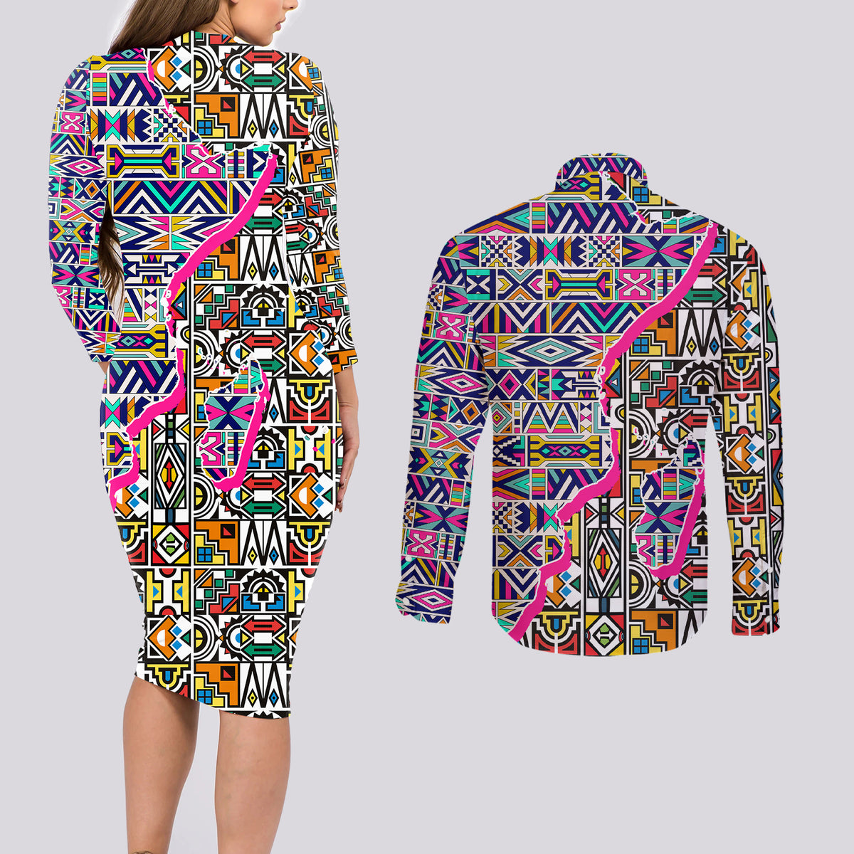 African Ndebele Pattern Couples Matching Long Sleeve Bodycon Dress and Long Sleeve Button Shirts - Wonder Print Shop