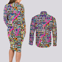 African Ndebele Pattern Couples Matching Long Sleeve Bodycon Dress and Long Sleeve Button Shirts - Wonder Print Shop