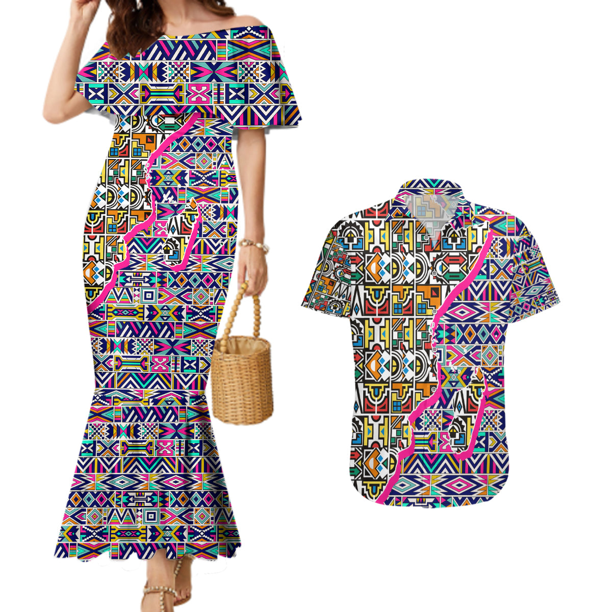 African Ndebele Pattern Couples Matching Mermaid Dress and Hawaiian Shirt - Wonder Print Shop
