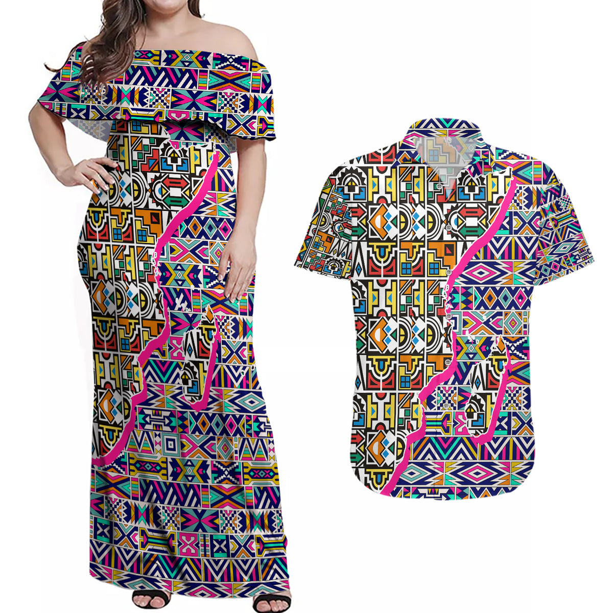African Ndebele Pattern Couples Matching Off Shoulder Maxi Dress and Hawaiian Shirt - Wonder Print Shop