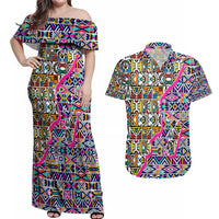 African Ndebele Pattern Couples Matching Off Shoulder Maxi Dress and Hawaiian Shirt - Wonder Print Shop