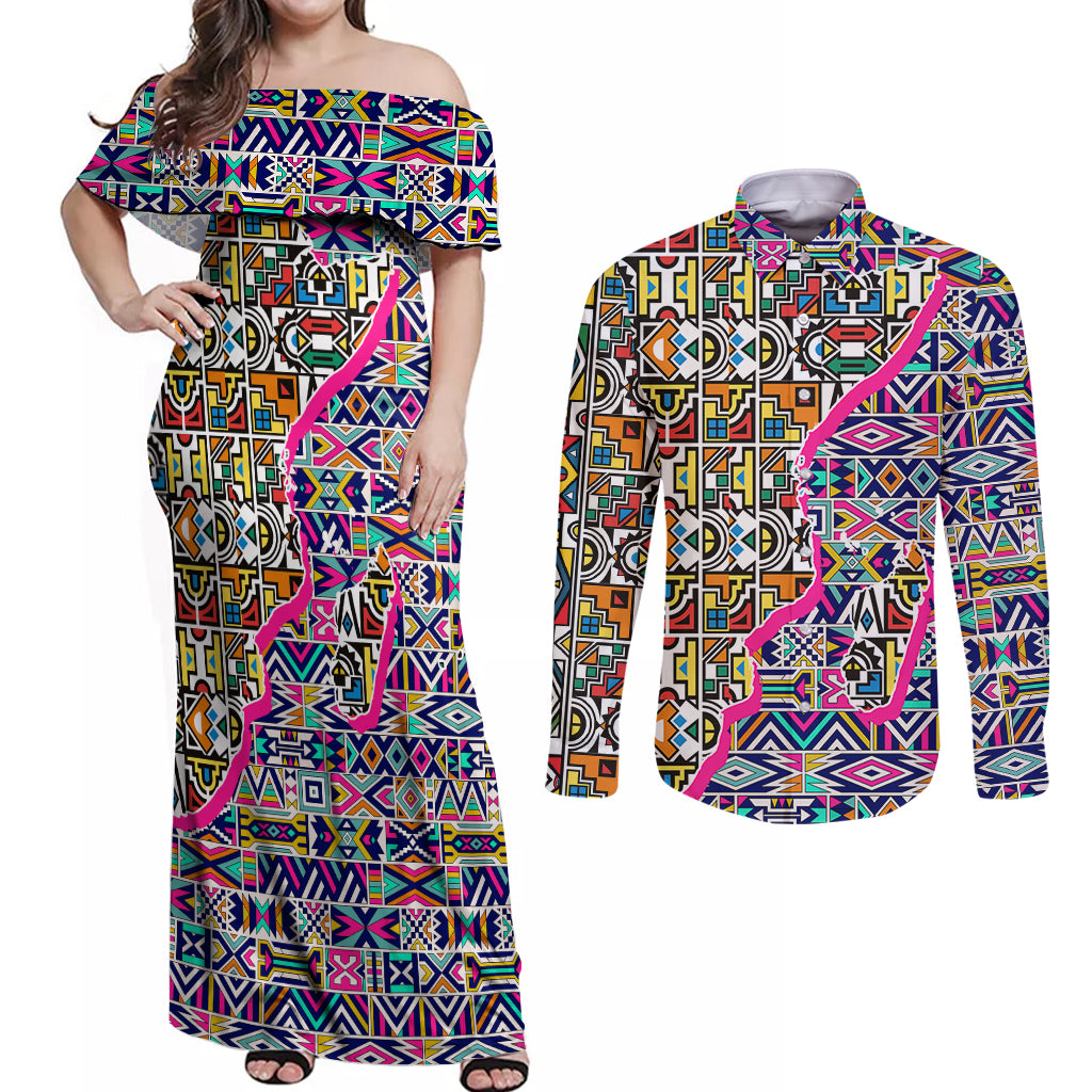 African Ndebele Pattern Couples Matching Off Shoulder Maxi Dress and Long Sleeve Button Shirts - Wonder Print Shop