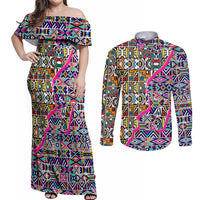 African Ndebele Pattern Couples Matching Off Shoulder Maxi Dress and Long Sleeve Button Shirts - Wonder Print Shop