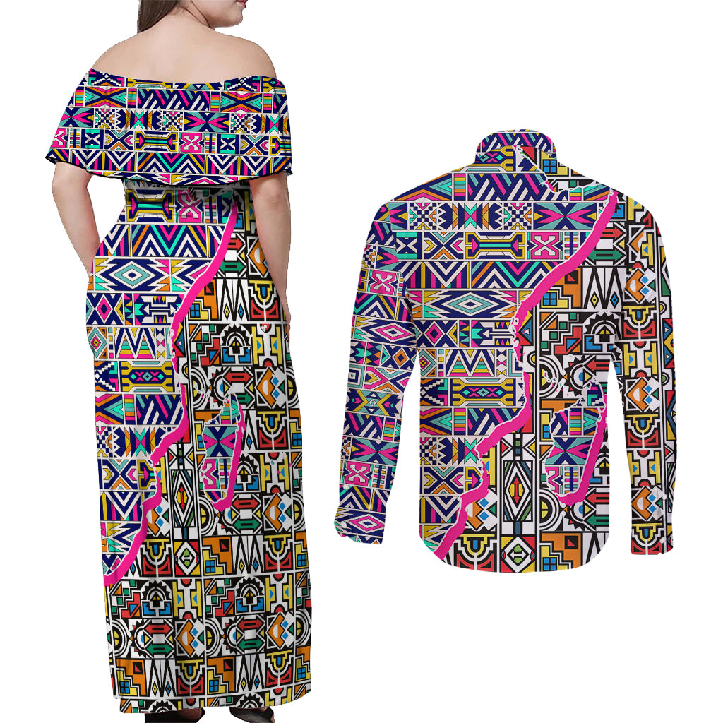 African Ndebele Pattern Couples Matching Off Shoulder Maxi Dress and Long Sleeve Button Shirts - Wonder Print Shop