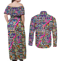 African Ndebele Pattern Couples Matching Off Shoulder Maxi Dress and Long Sleeve Button Shirts - Wonder Print Shop