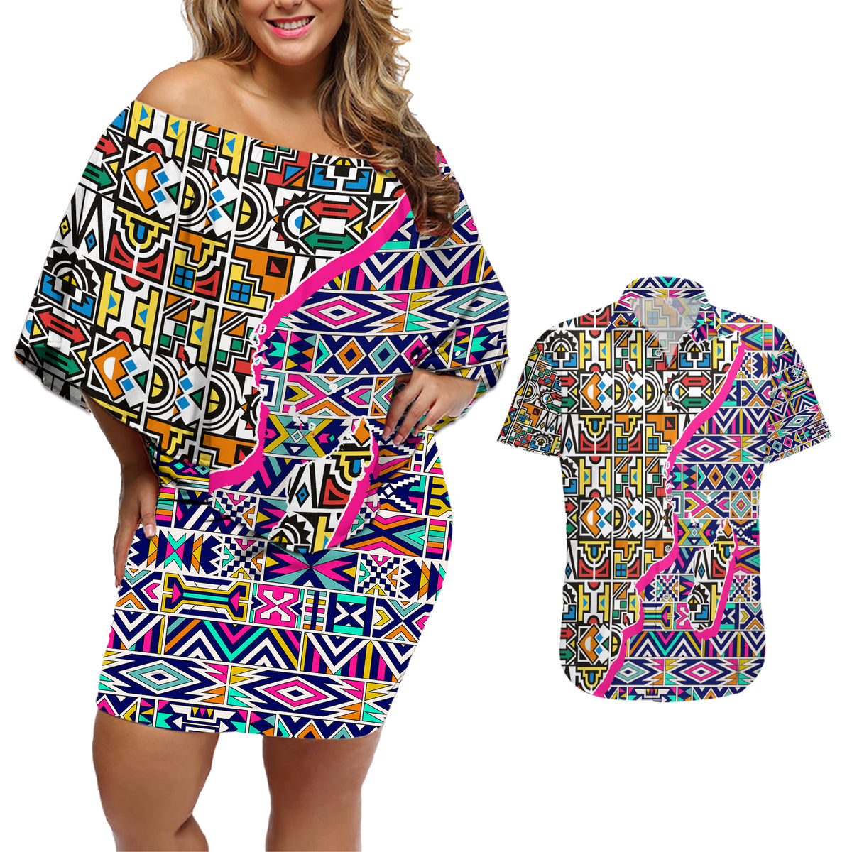 African Ndebele Pattern Couples Matching Off Shoulder Short Dress and Hawaiian Shirt - Wonder Print Shop