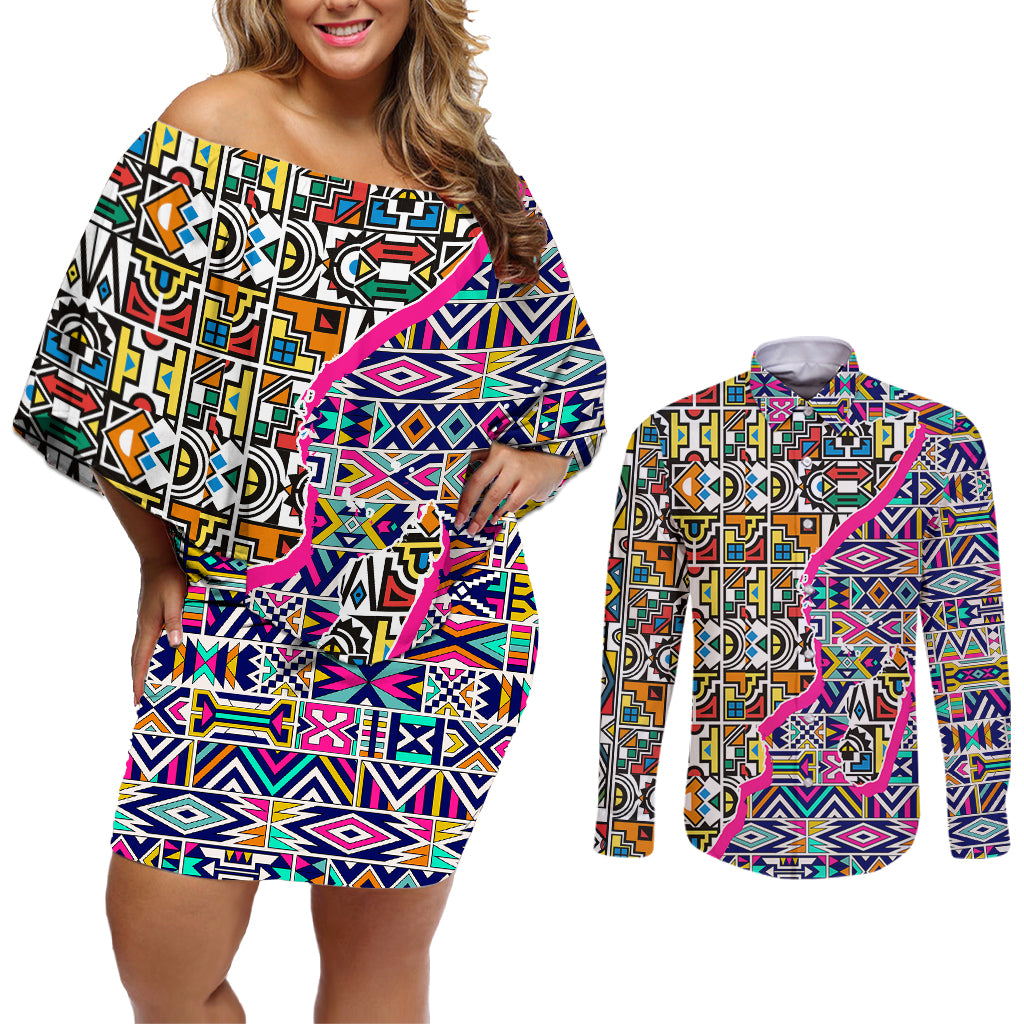 African Ndebele Pattern Couples Matching Off Shoulder Short Dress and Long Sleeve Button Shirts - Wonder Print Shop