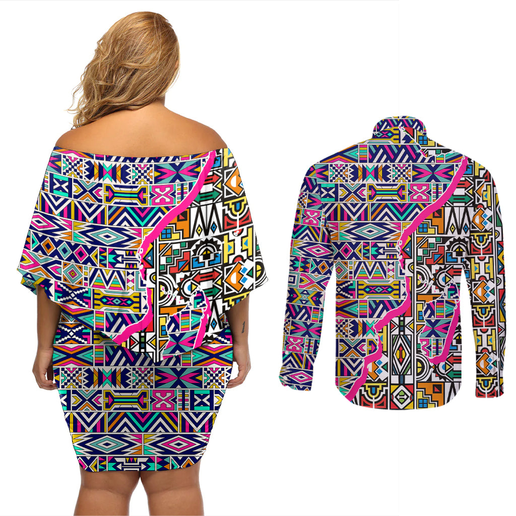 African Ndebele Pattern Couples Matching Off Shoulder Short Dress and Long Sleeve Button Shirts - Wonder Print Shop