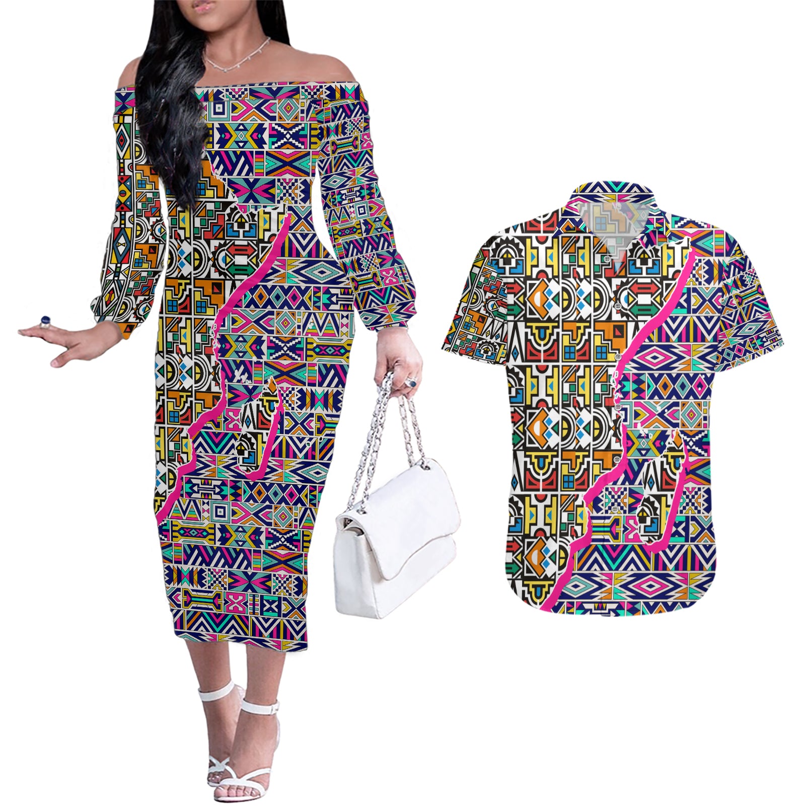 African Ndebele Pattern Couples Matching Off The Shoulder Long Sleeve Dress and Hawaiian Shirt - Wonder Print Shop