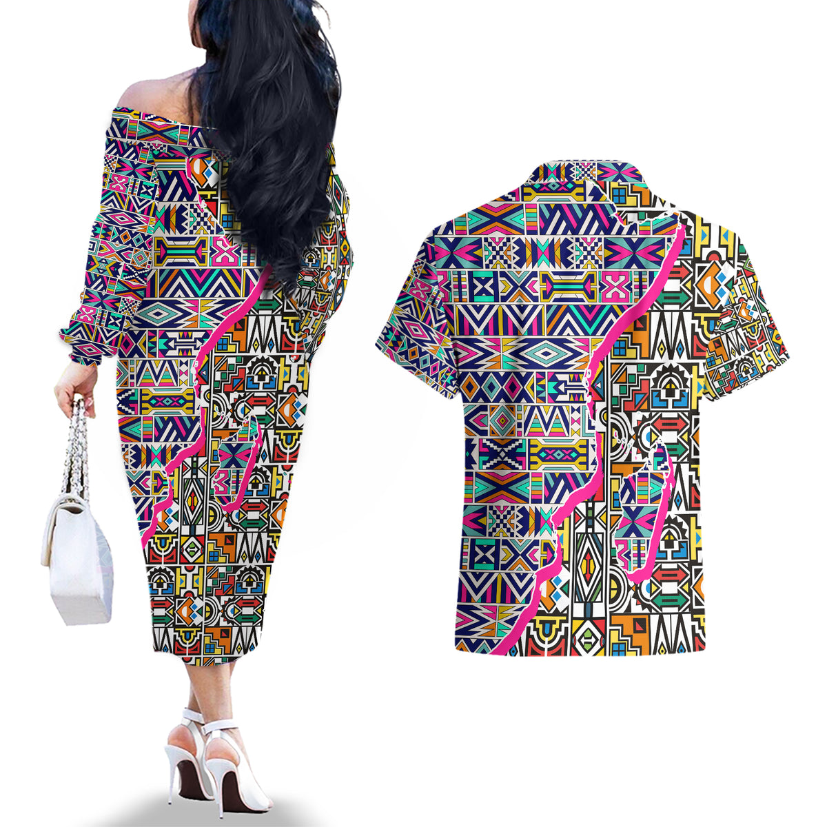 African Ndebele Pattern Couples Matching Off The Shoulder Long Sleeve Dress and Hawaiian Shirt - Wonder Print Shop