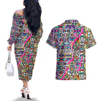 African Ndebele Pattern Couples Matching Off The Shoulder Long Sleeve Dress and Hawaiian Shirt - Wonder Print Shop