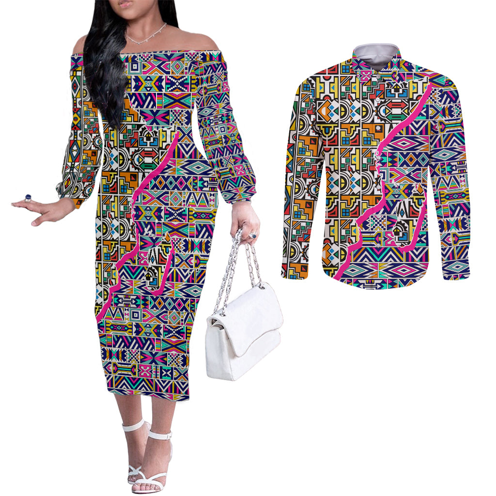 african-ndebele-pattern-couples-matching-off-the-shoulder-long-sleeve-dress-and-long-sleeve-button-shirts
