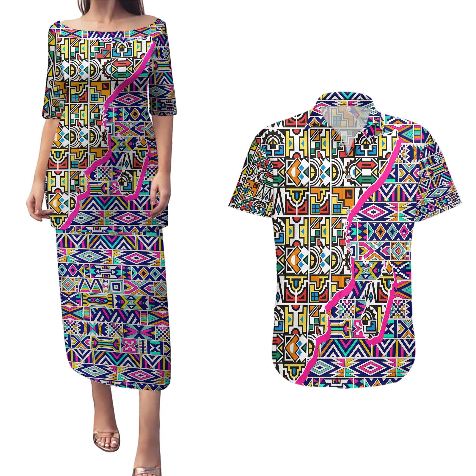 African Ndebele Pattern Couples Matching Puletasi Dress and Hawaiian Shirt - Wonder Print Shop