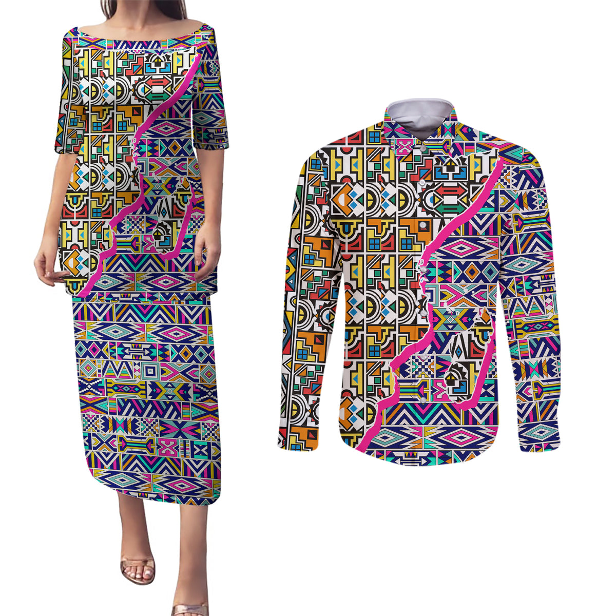 African Ndebele Pattern Couples Matching Puletasi Dress and Long Sleeve Button Shirts - Wonder Print Shop