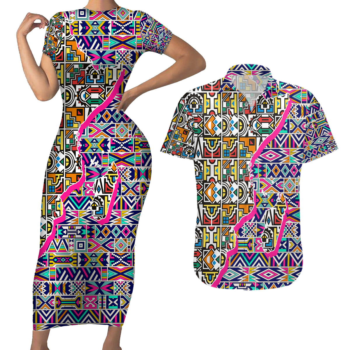 African Ndebele Pattern Couples Matching Short Sleeve Bodycon Dress and Hawaiian Shirt - Wonder Print Shop