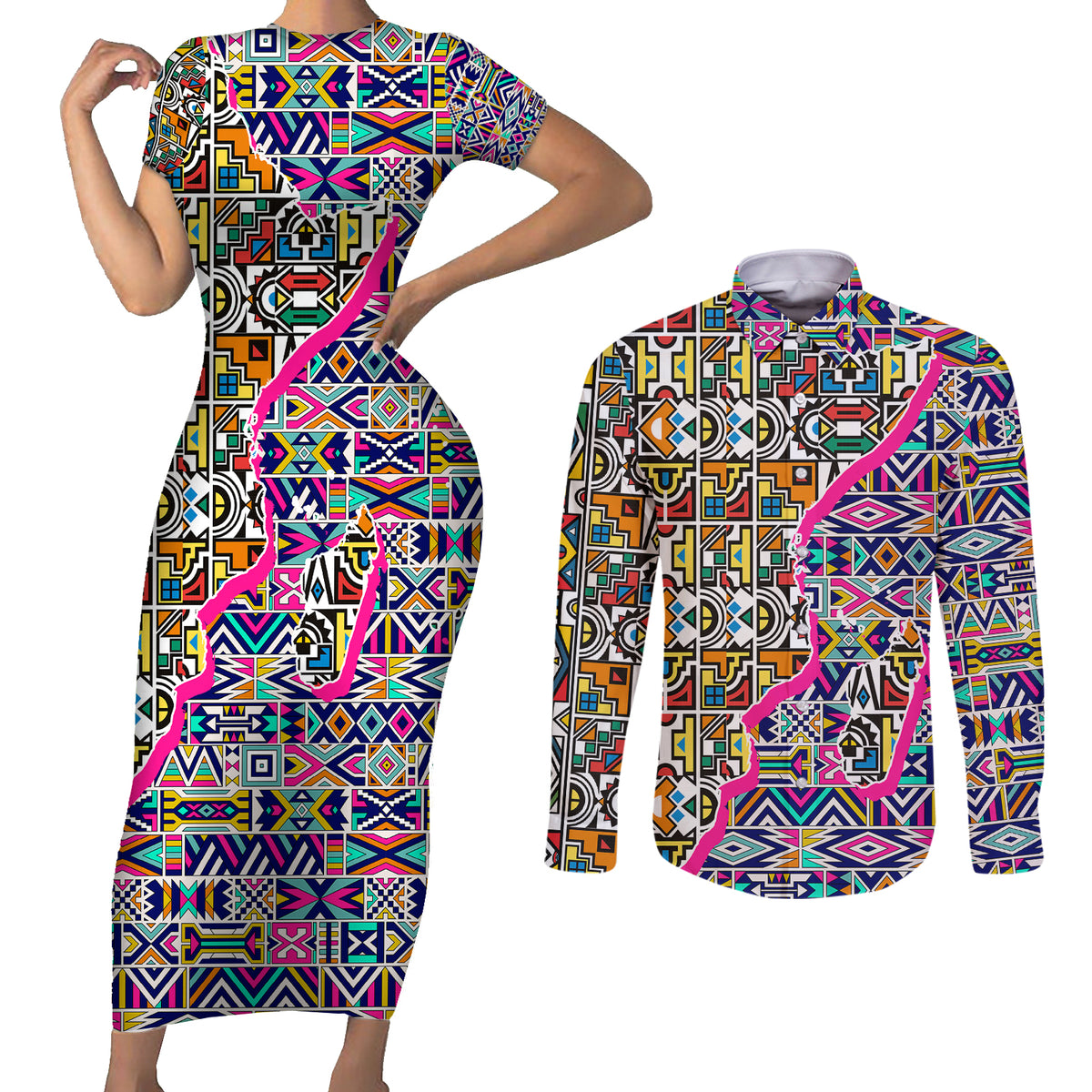 African Ndebele Pattern Couples Matching Short Sleeve Bodycon Dress and Long Sleeve Button Shirts - Wonder Print Shop