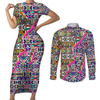 African Ndebele Pattern Couples Matching Short Sleeve Bodycon Dress and Long Sleeve Button Shirts - Wonder Print Shop