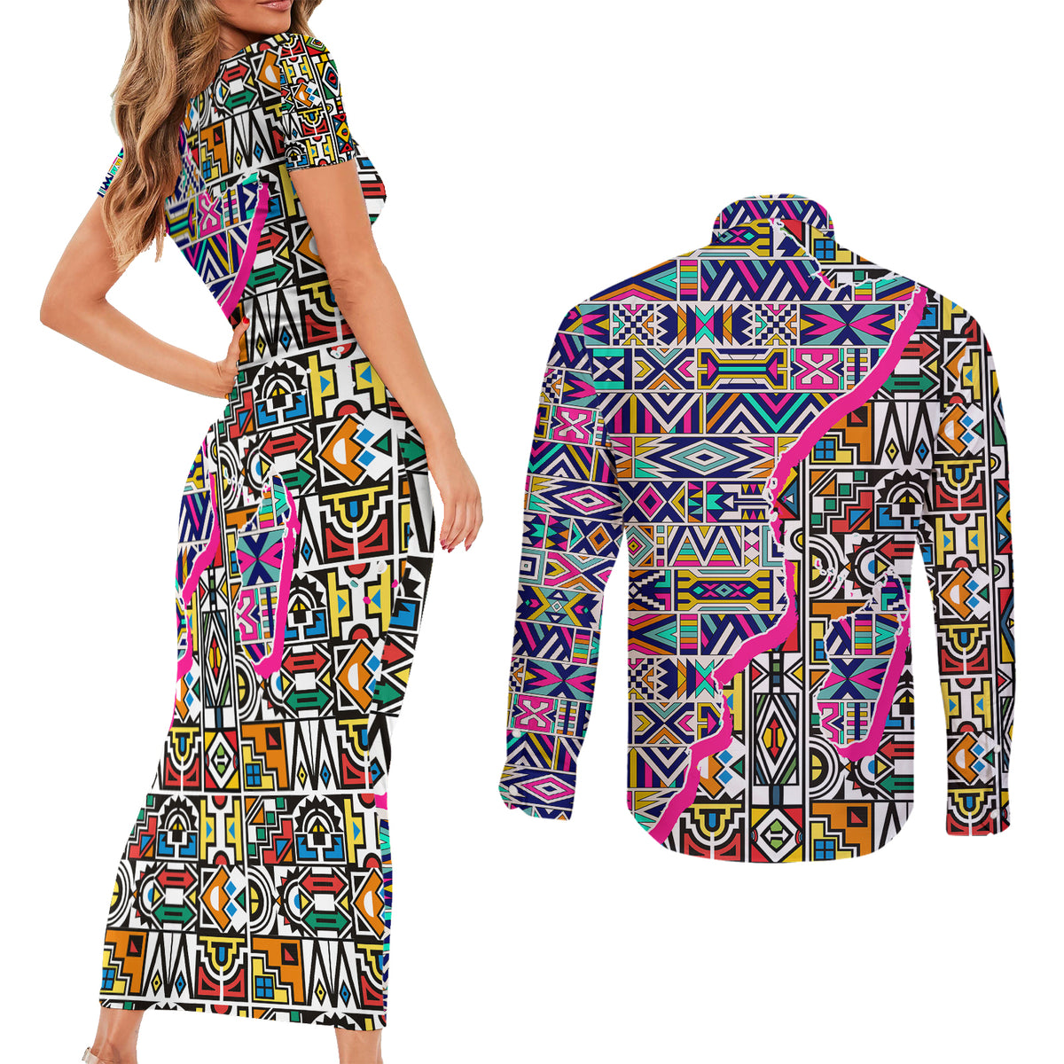 African Ndebele Pattern Couples Matching Short Sleeve Bodycon Dress and Long Sleeve Button Shirts - Wonder Print Shop