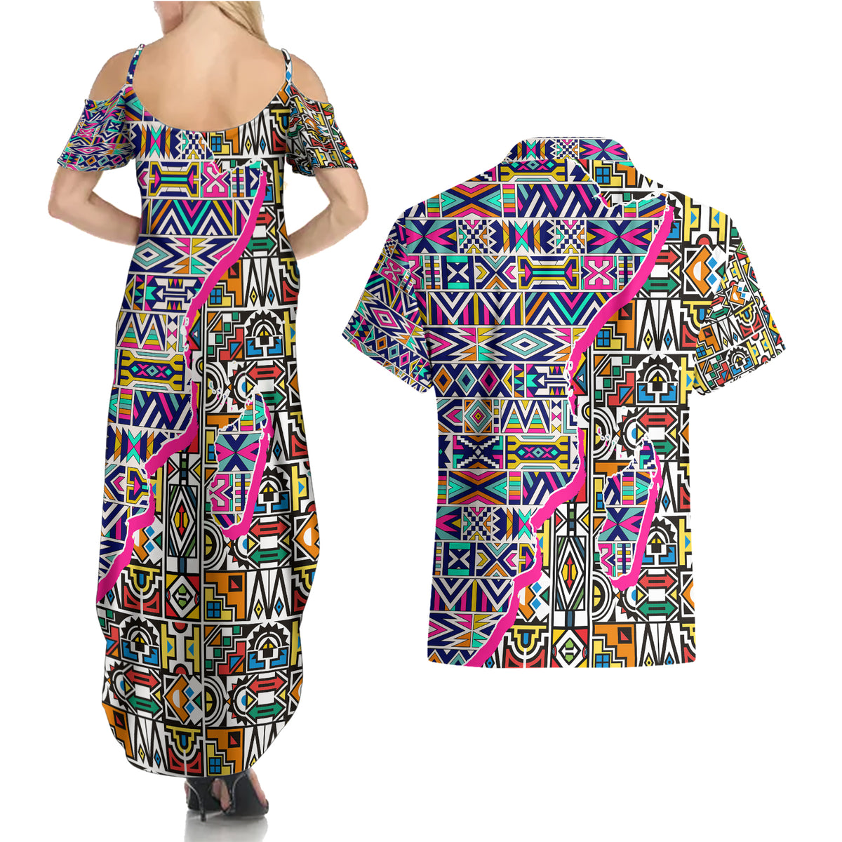 African Ndebele Pattern Couples Matching Summer Maxi Dress and Hawaiian Shirt - Wonder Print Shop
