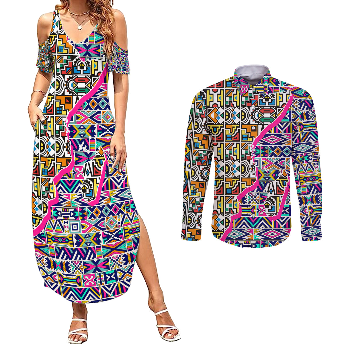 African Ndebele Pattern Couples Matching Summer Maxi Dress and Long Sleeve Button Shirts - Wonder Print Shop