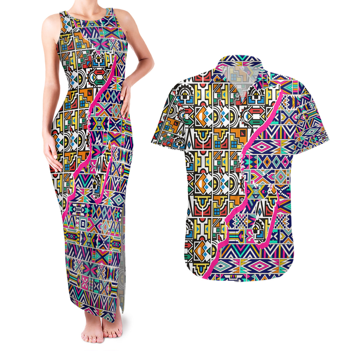 African Ndebele Pattern Couples Matching Tank Maxi Dress and Hawaiian Shirt - Wonder Print Shop