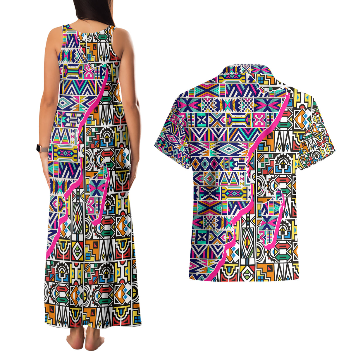 African Ndebele Pattern Couples Matching Tank Maxi Dress and Hawaiian Shirt - Wonder Print Shop