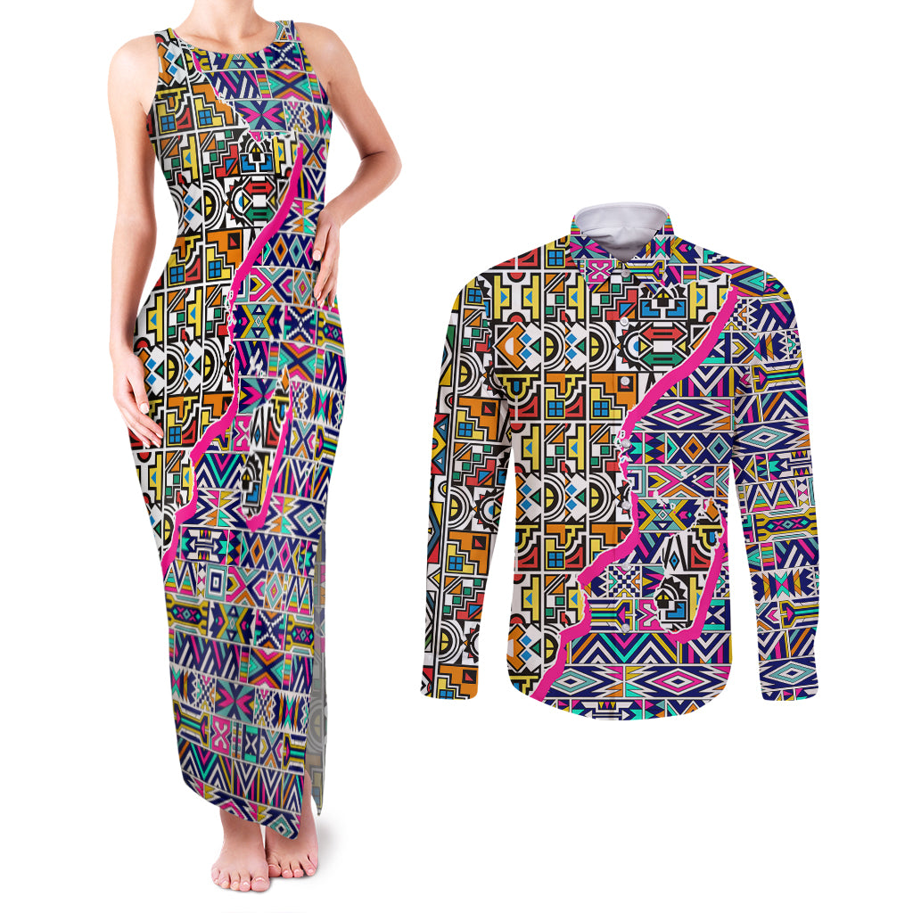 African Ndebele Pattern Couples Matching Tank Maxi Dress and Long Sleeve Button Shirts - Wonder Print Shop