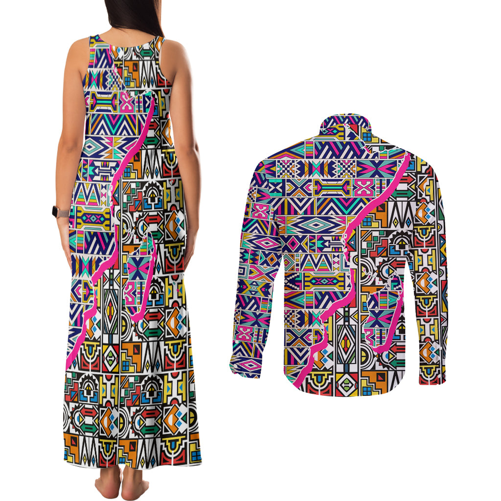 African Ndebele Pattern Couples Matching Tank Maxi Dress and Long Sleeve Button Shirts - Wonder Print Shop